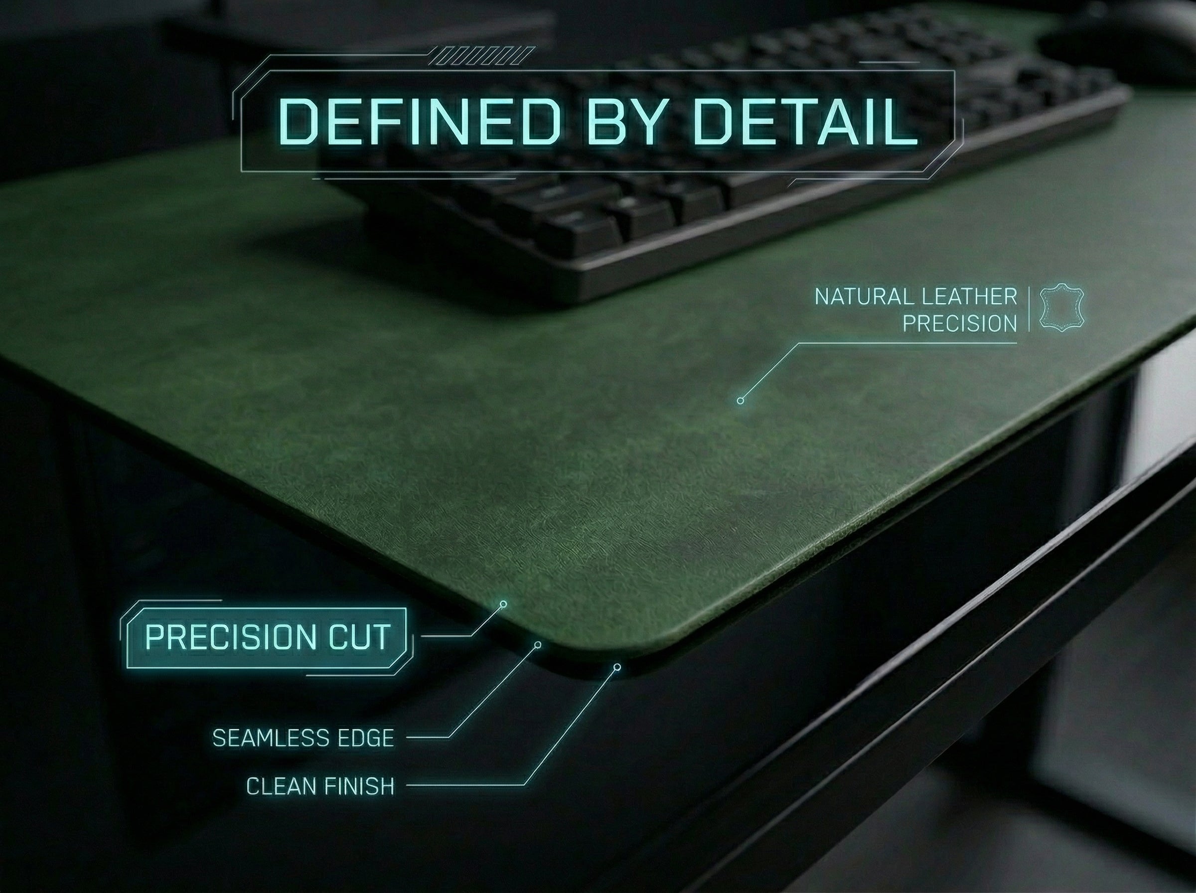 Green desk mat with text highlighting features, placed on a desk with a keyboard.
