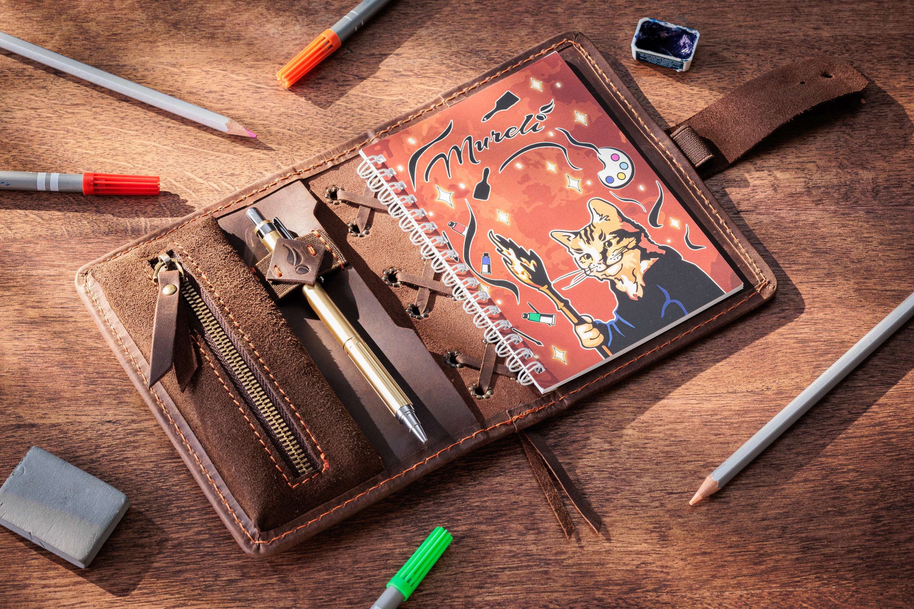 Green Personalized Leather Mini Sketchbook Set — A6 Landscape — Mini Pocket-Size