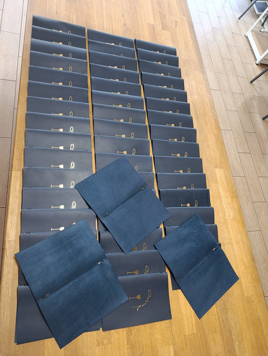 50 leather menu like last time but with new logo ( blule leather + gold leaf) + shipping + duty clearance