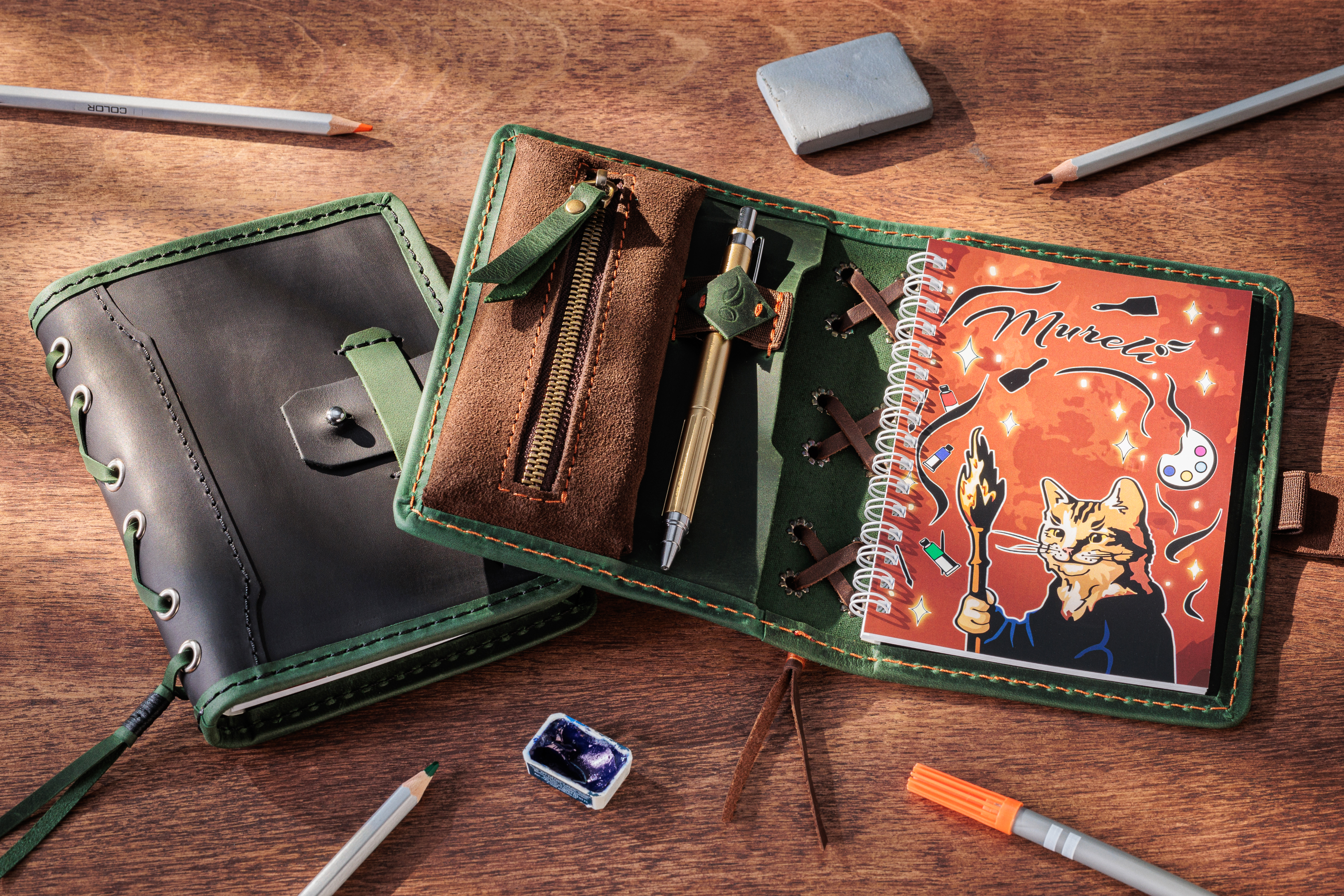 Green Personalized Leather Mini Sketchbook Set — A6 Landscape — Mini Pocket-Size