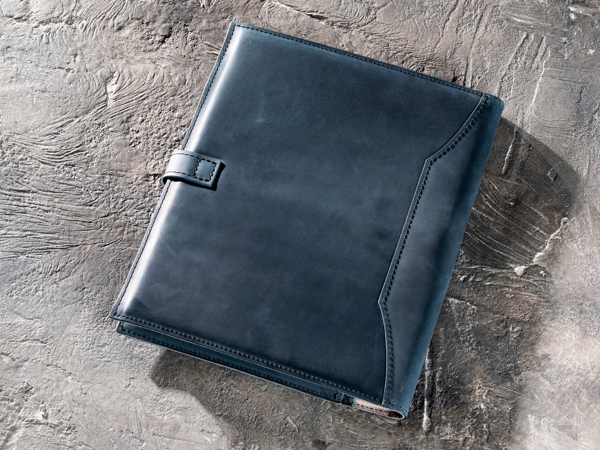 Back view of Navy Blue leather business portfolio with stitched edges and Crazy Horse finish