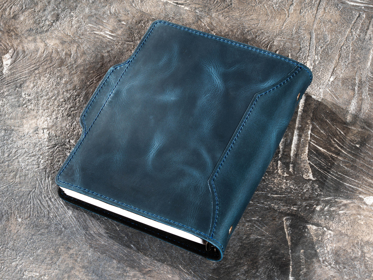 Back view of Deep Blue leather notebook with stitched wraparound cover