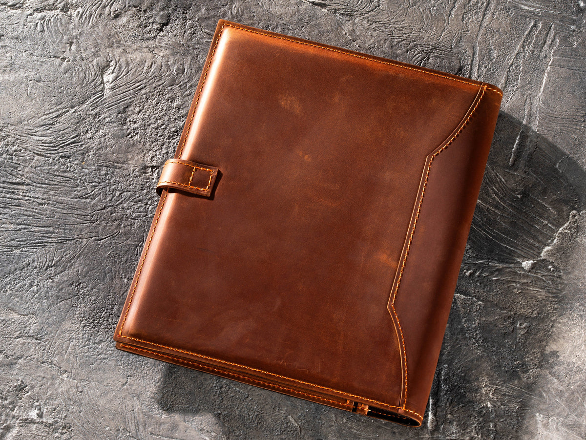 Back view of Copper leather business portfolio with stitched edges and natural Crazy Horse finish