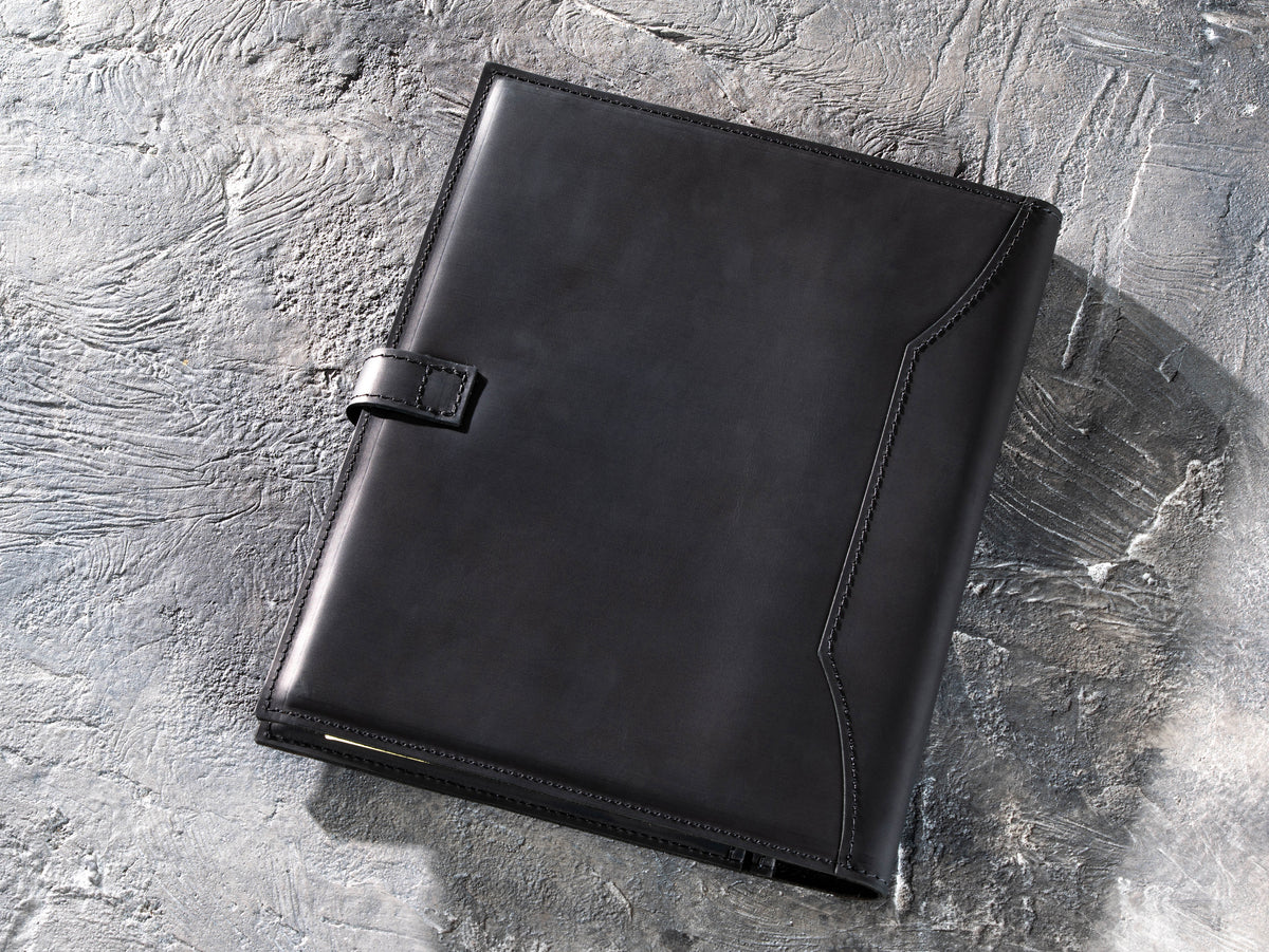 Back view of Black leather business portfolio with stitched edges and Crazy Horse finish