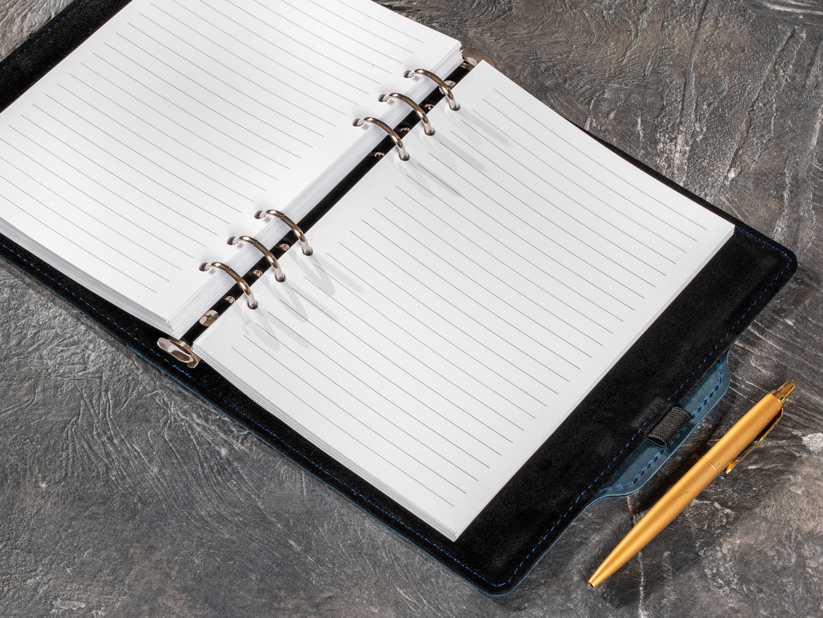 Deep Blue leather notebook with six-ring mechanism and lined refill pages