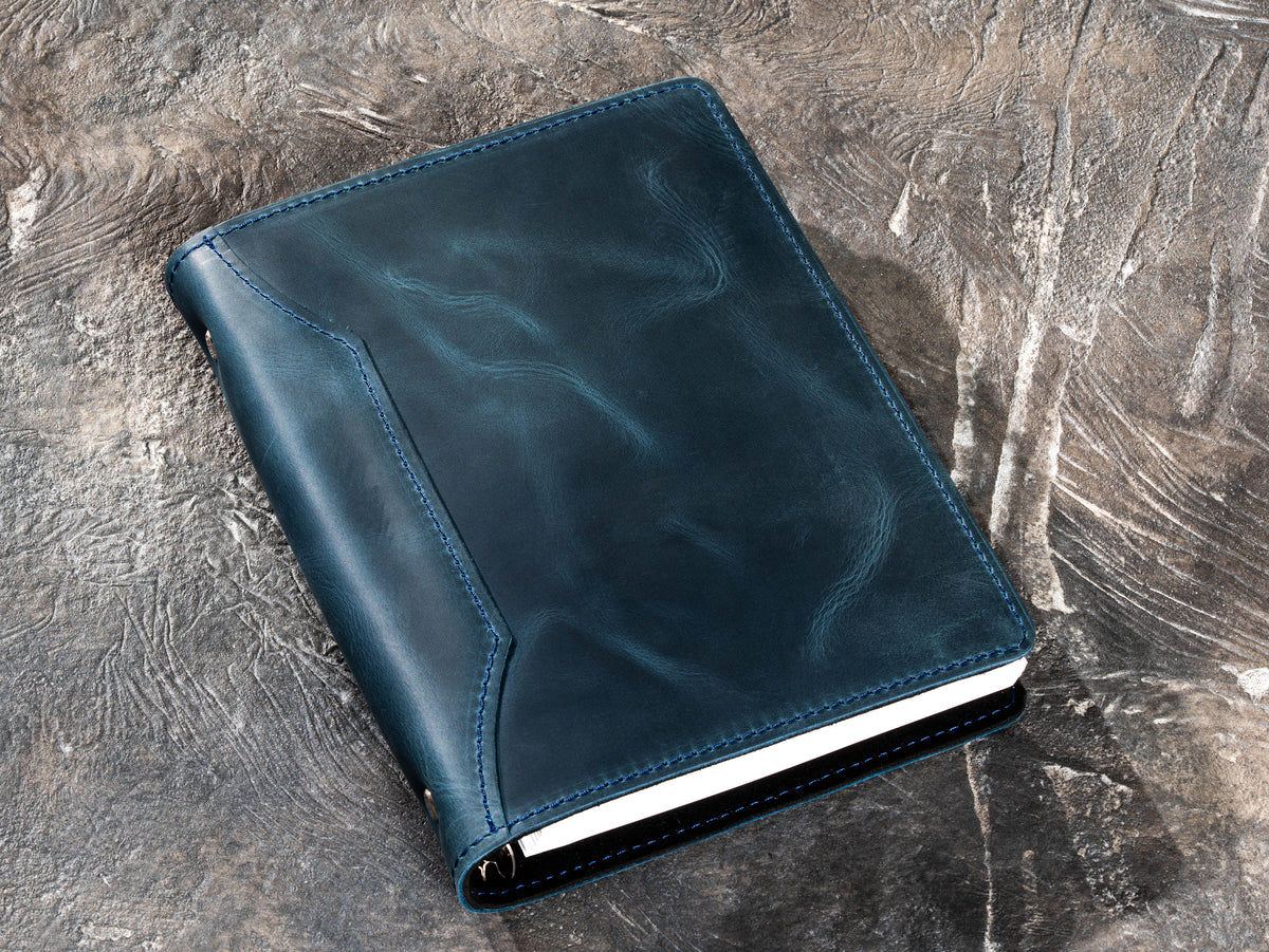 Deep Blue refillable leather notebook with stitched cover and A5 pages