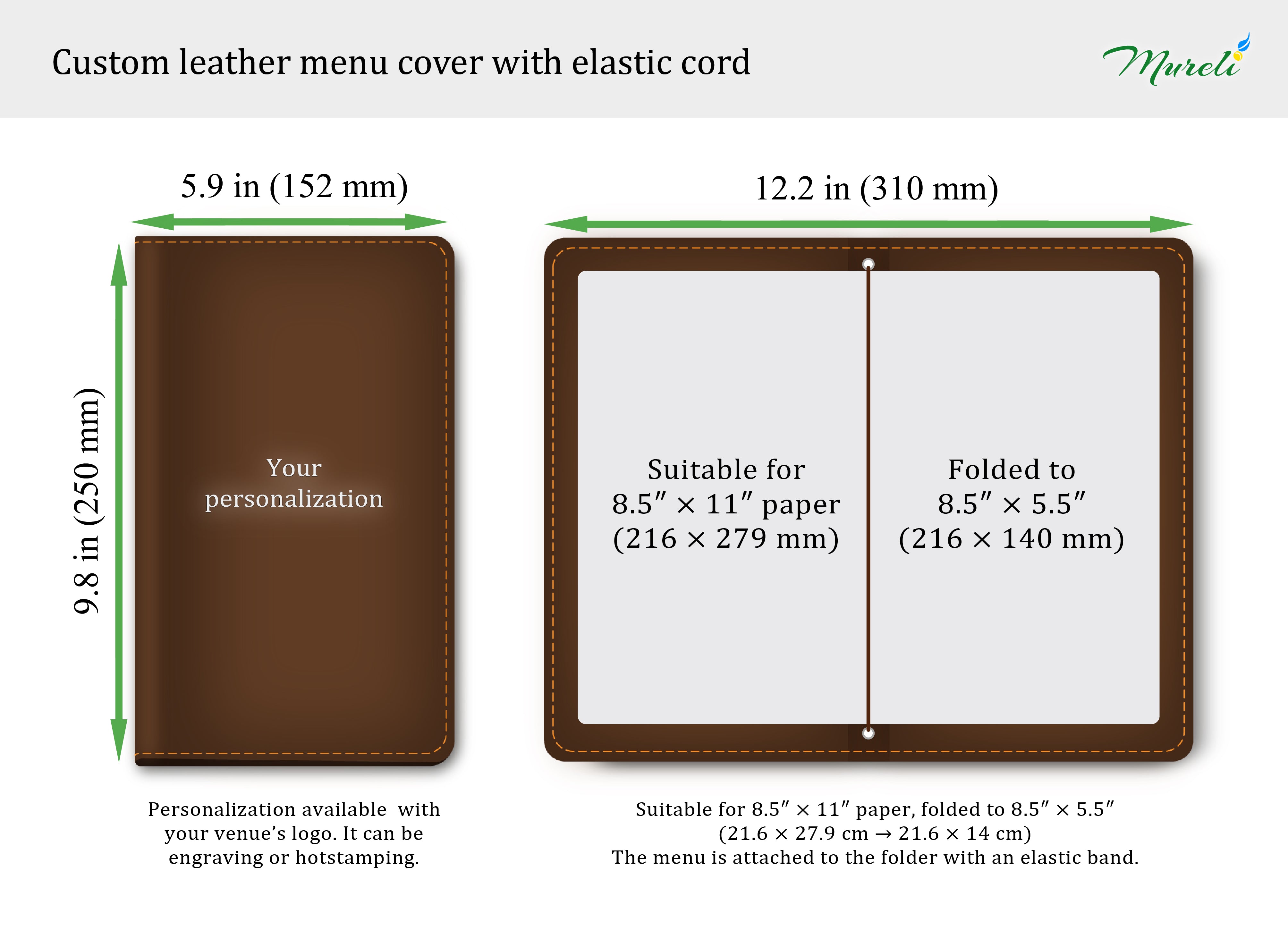 Size guide for custom leather bar menu cover designed for 8.5 × 11 inch sheets folded to 8.5 × 5.5 inches.