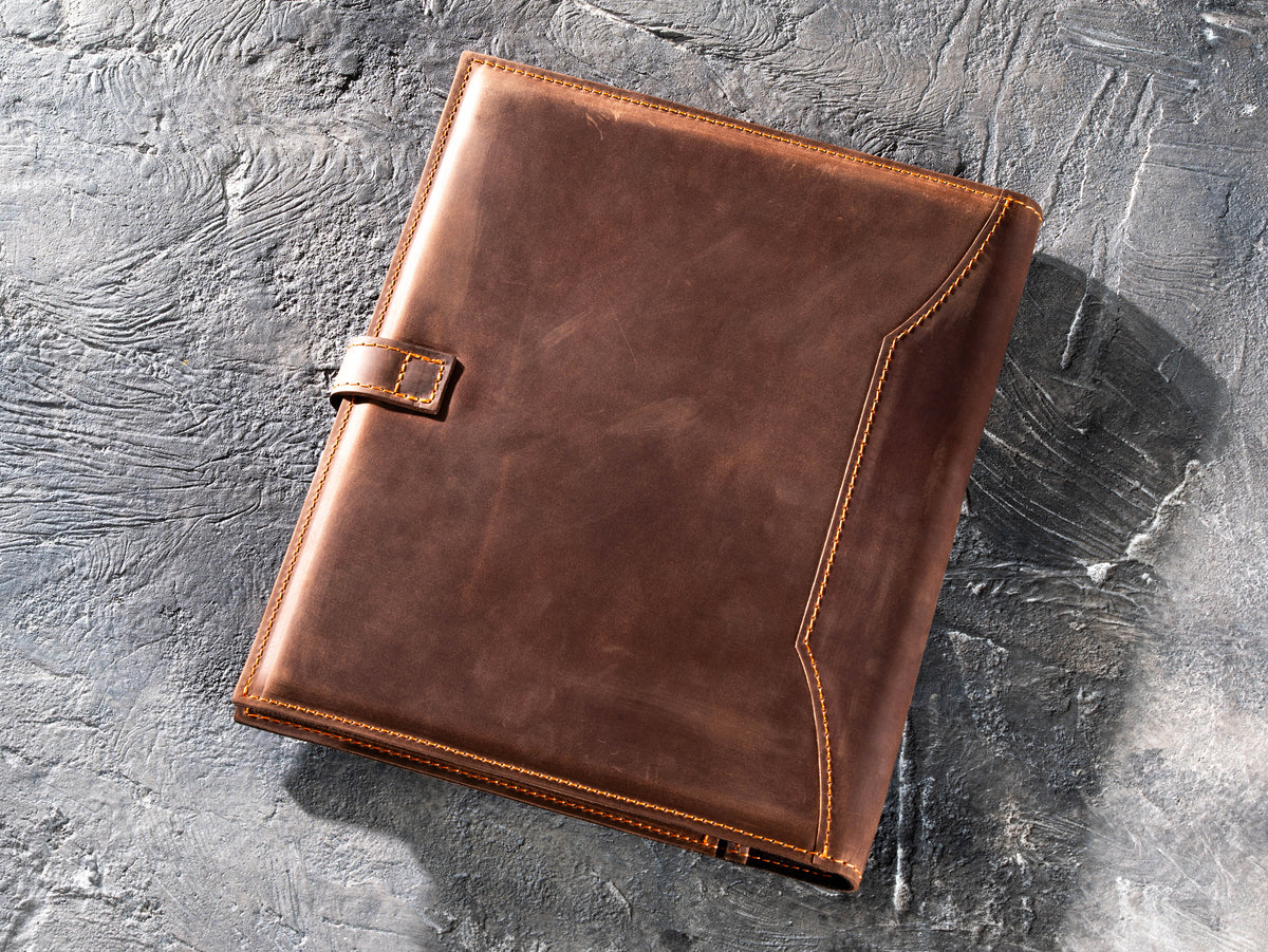 Back view of Brown leather portfolio and padfolio with classic stitched design