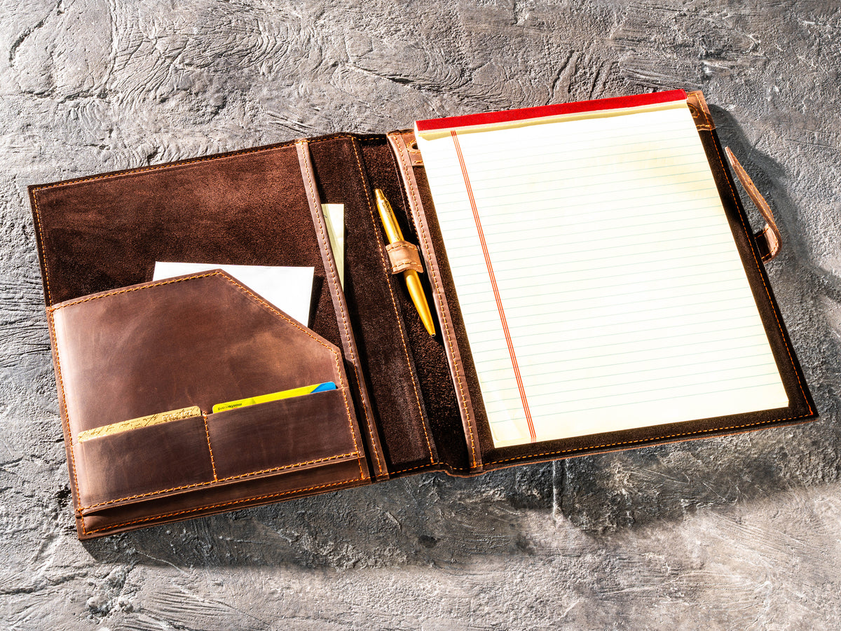 Brown personalized leather portfolio with legal pad, pen and document pockets