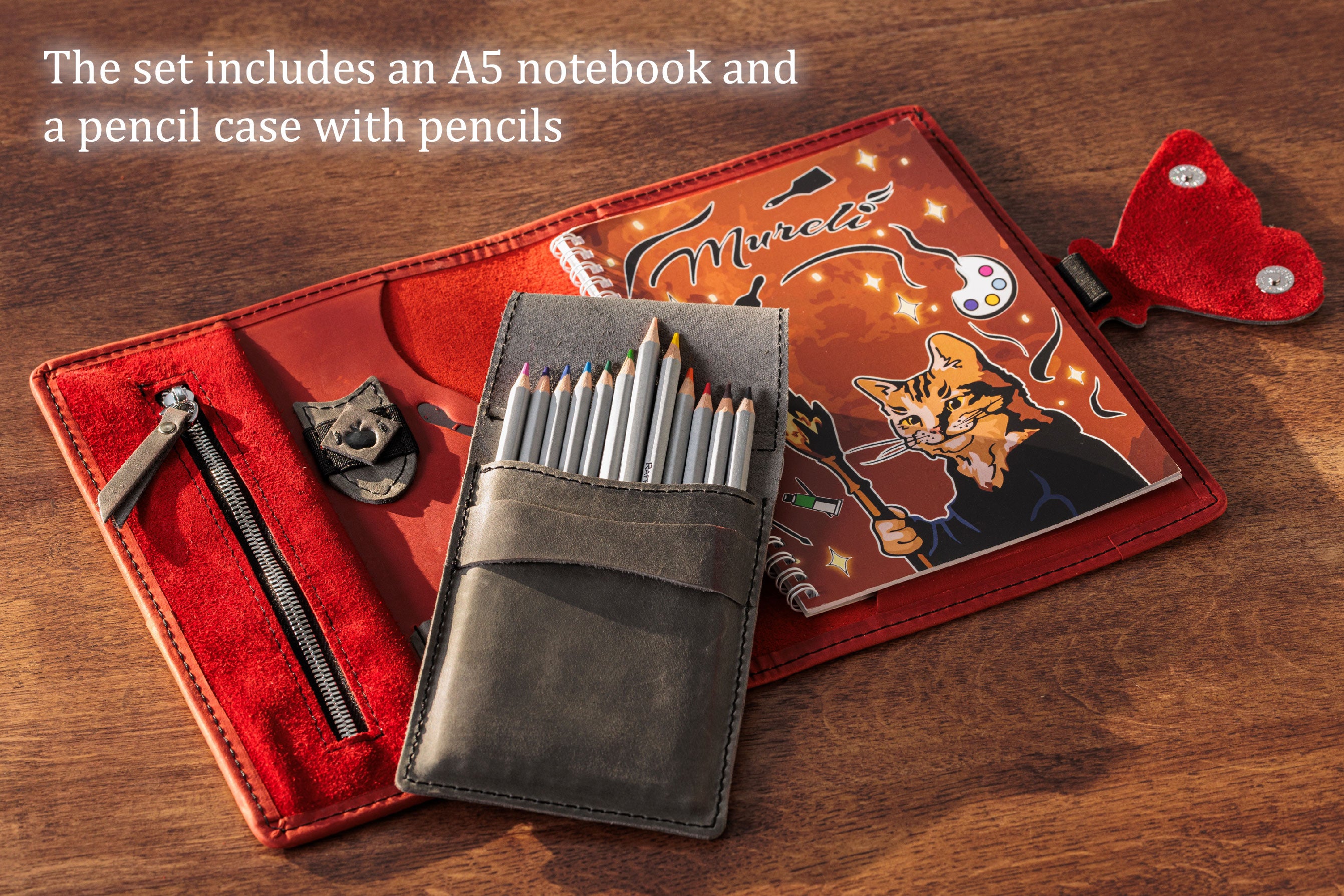 Leather Artist Organizer with Butterfly Clasp – Red Drawing Journal with Pencils, Personalized Creative Gift for Kids & Adults