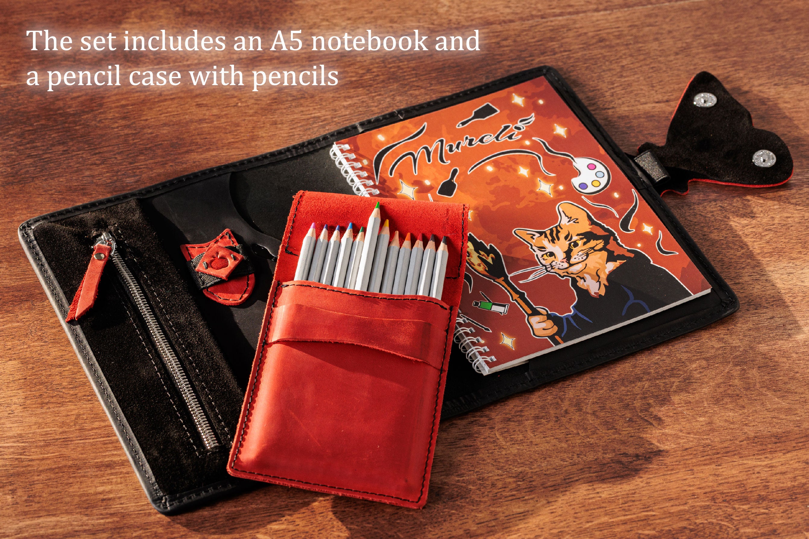 Romantic Black & Red Leather Organizer with Butterfly Clasp – A5 Sketchbook Journal, Artist Gift, Personalized Notebook