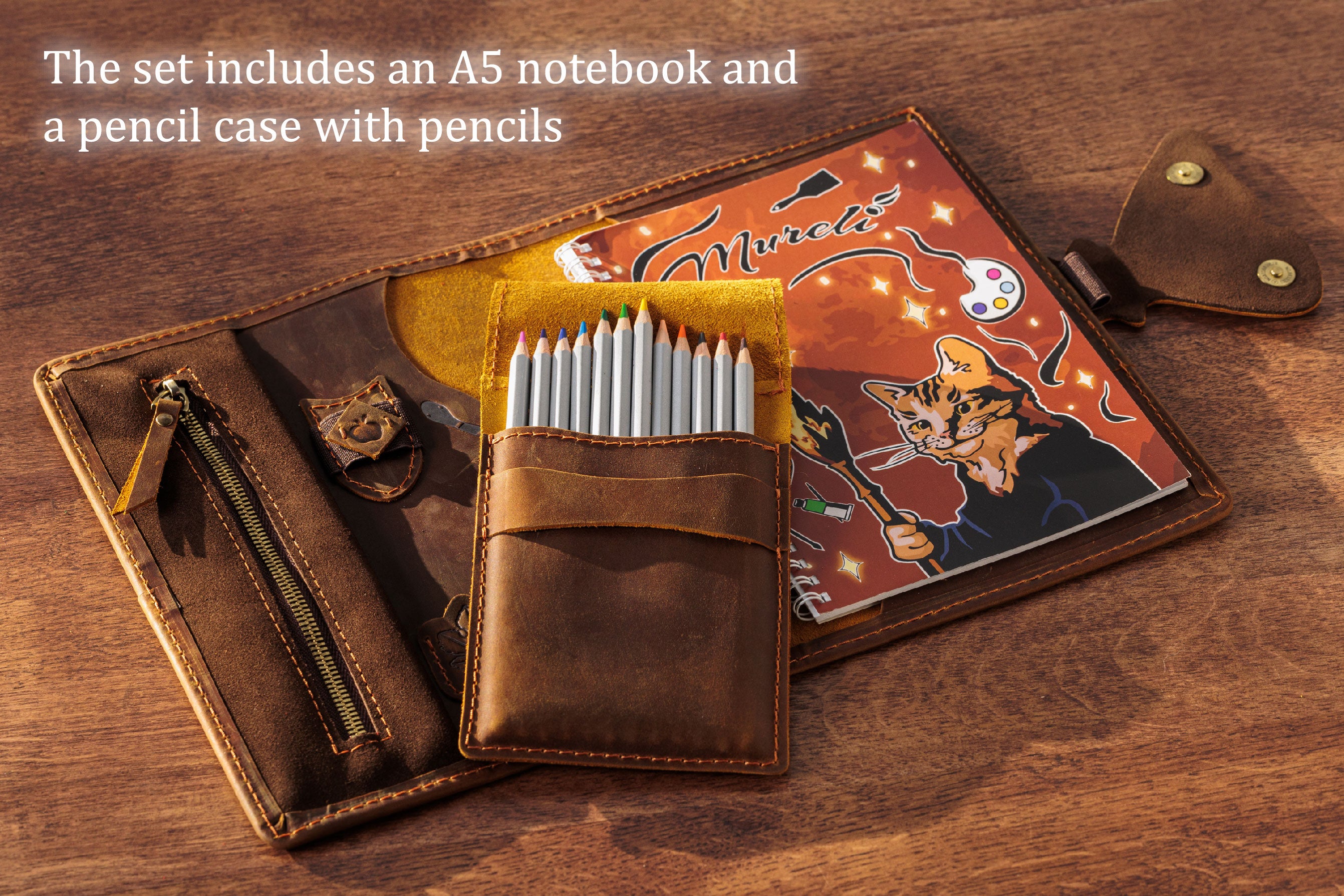 Leather Artist Organizer Set with Butterfly Closure – Sketchbook with Pencils – Personalized Drawing Journal for Creative Kids and Adults