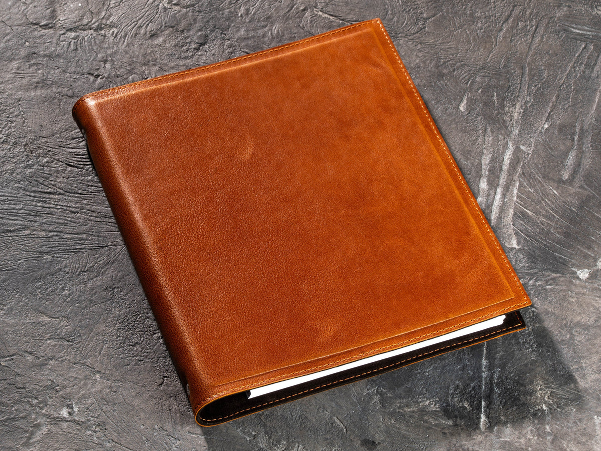 Camel leather document and archive binder for A4 and 8.5x11 papers with page protectors
