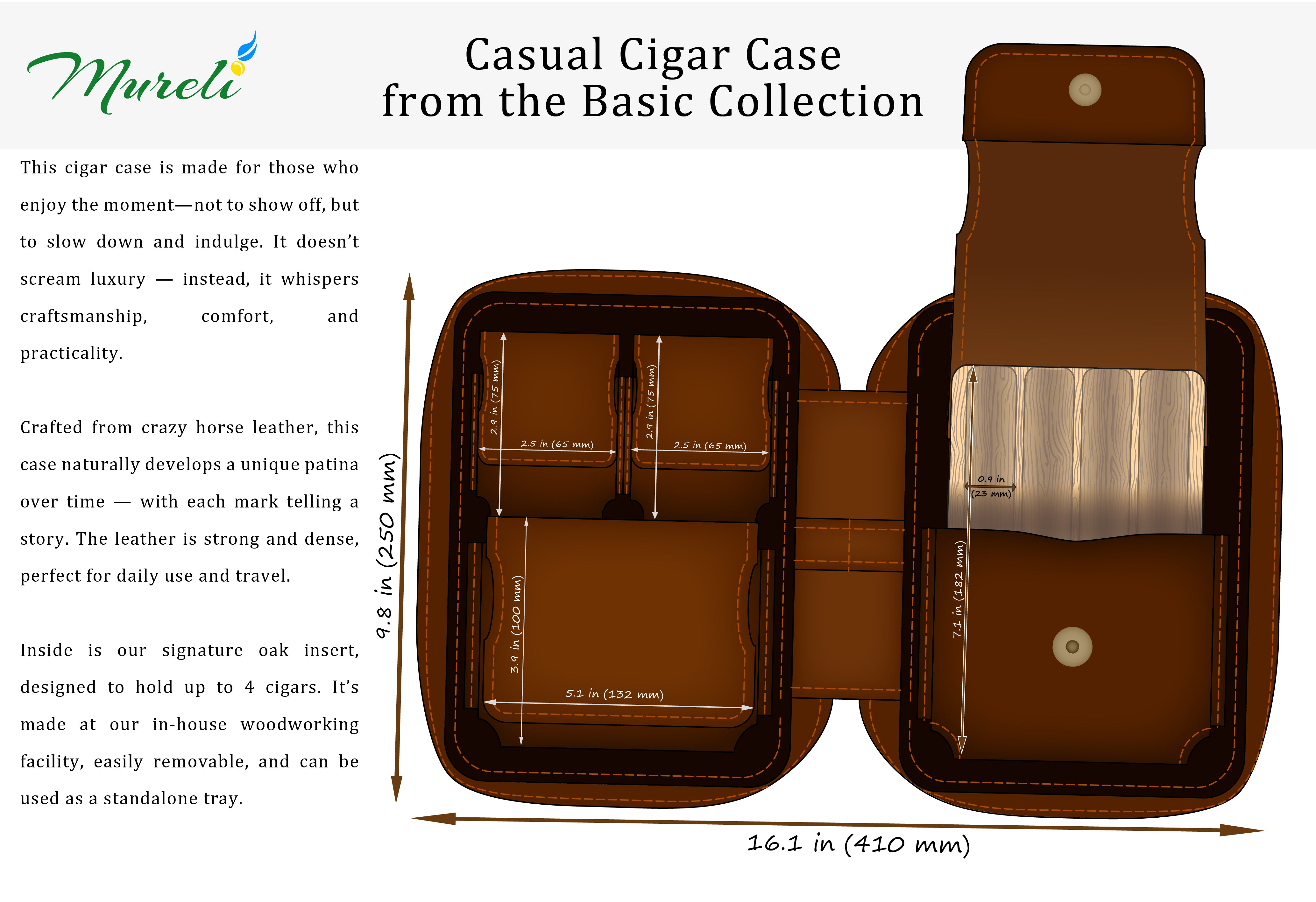 Personalized Brown Leather Cigar Organizer with Phone Pocket & Removable Oak Tray | Mureli