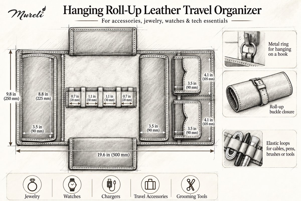 Camel Hanging Roll-Up Leather Travel Organizer | Cables, Grooming & Essentials