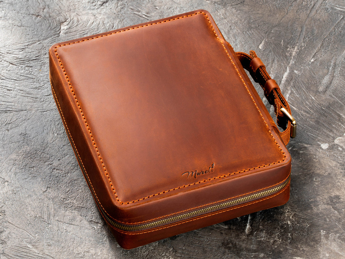 Closed Copper Brown leather travel organizer case with zip-around closure, carry handle and hand-stitched edges