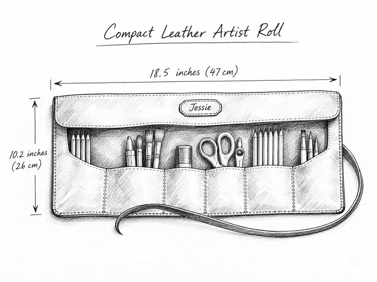 Compact Leather Artist Tool Roll with Pockets for Pencils, Brushes & Tools – Copper & Brown