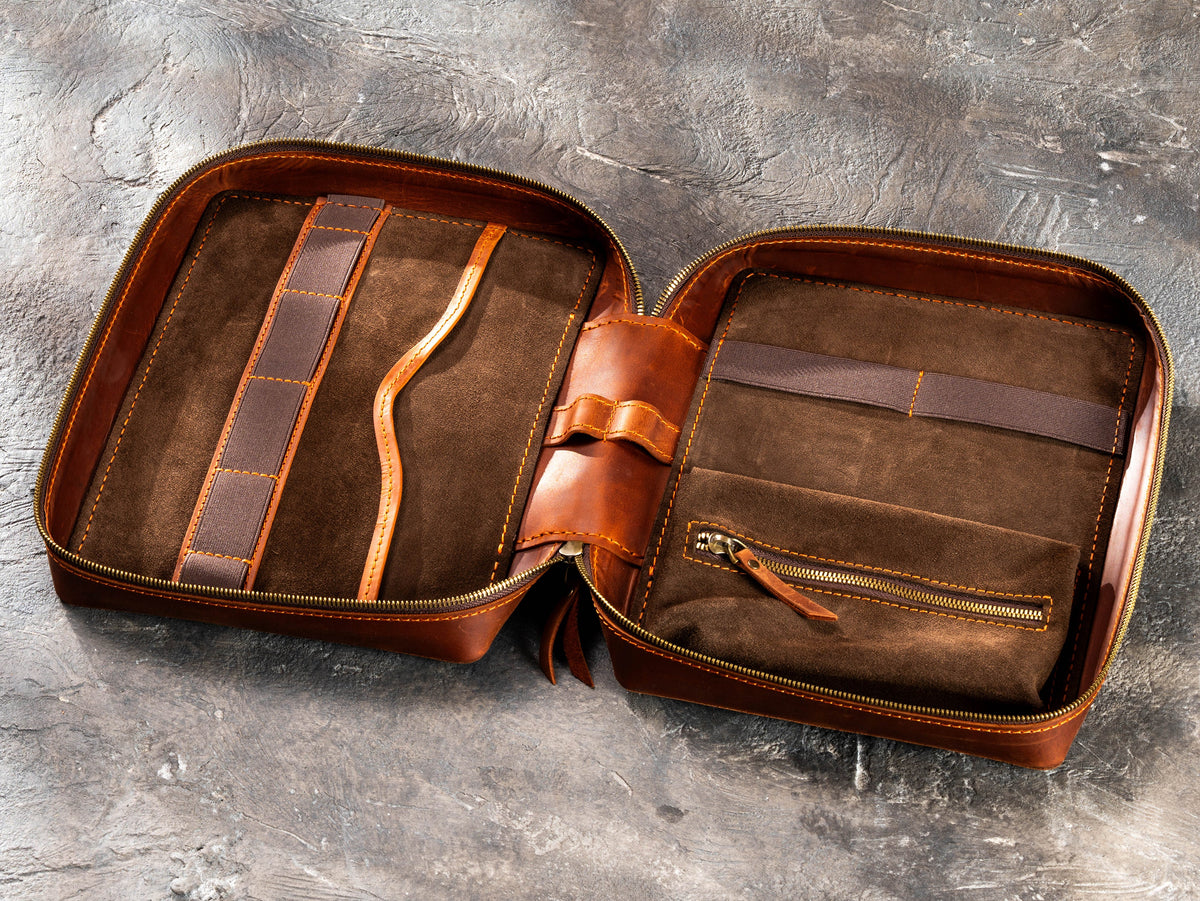 Open Copper Brown leather travel organizer showing flat pocket, elastic holders, suede interior and inner zip pouch