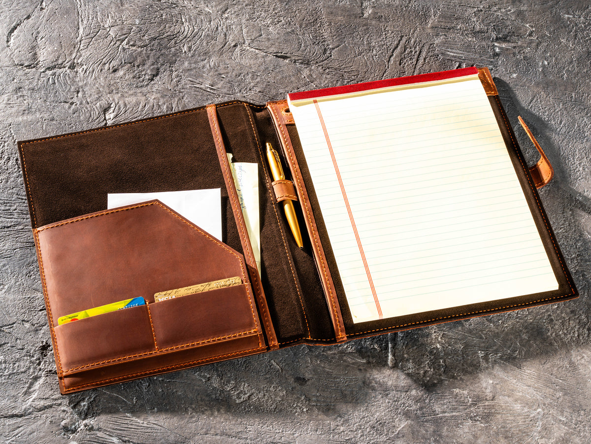 Copper leather portfolio with writing pad, pen, documents and business card pockets
