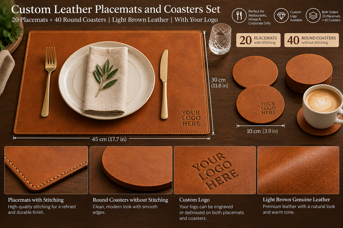 Custom Order: 20 Light Brown Leather Placemats 45 × 30 cm + 40 Round Leather Coasters with Custom Logo