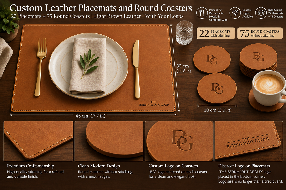 Custom Order: 20 Light Brown Leather Placemats 45 × 30 cm + 40 Round Leather Coasters with Custom Logo