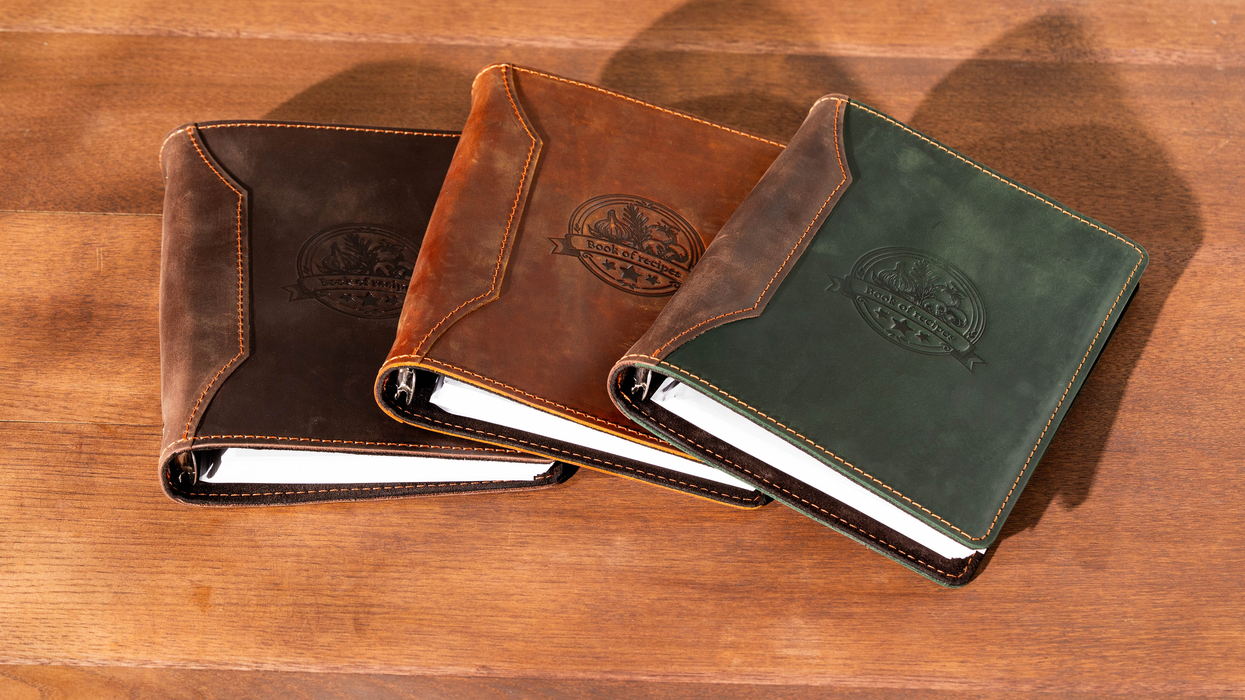 Set of leather recipe binders with embossed recipe book design and stitched edges