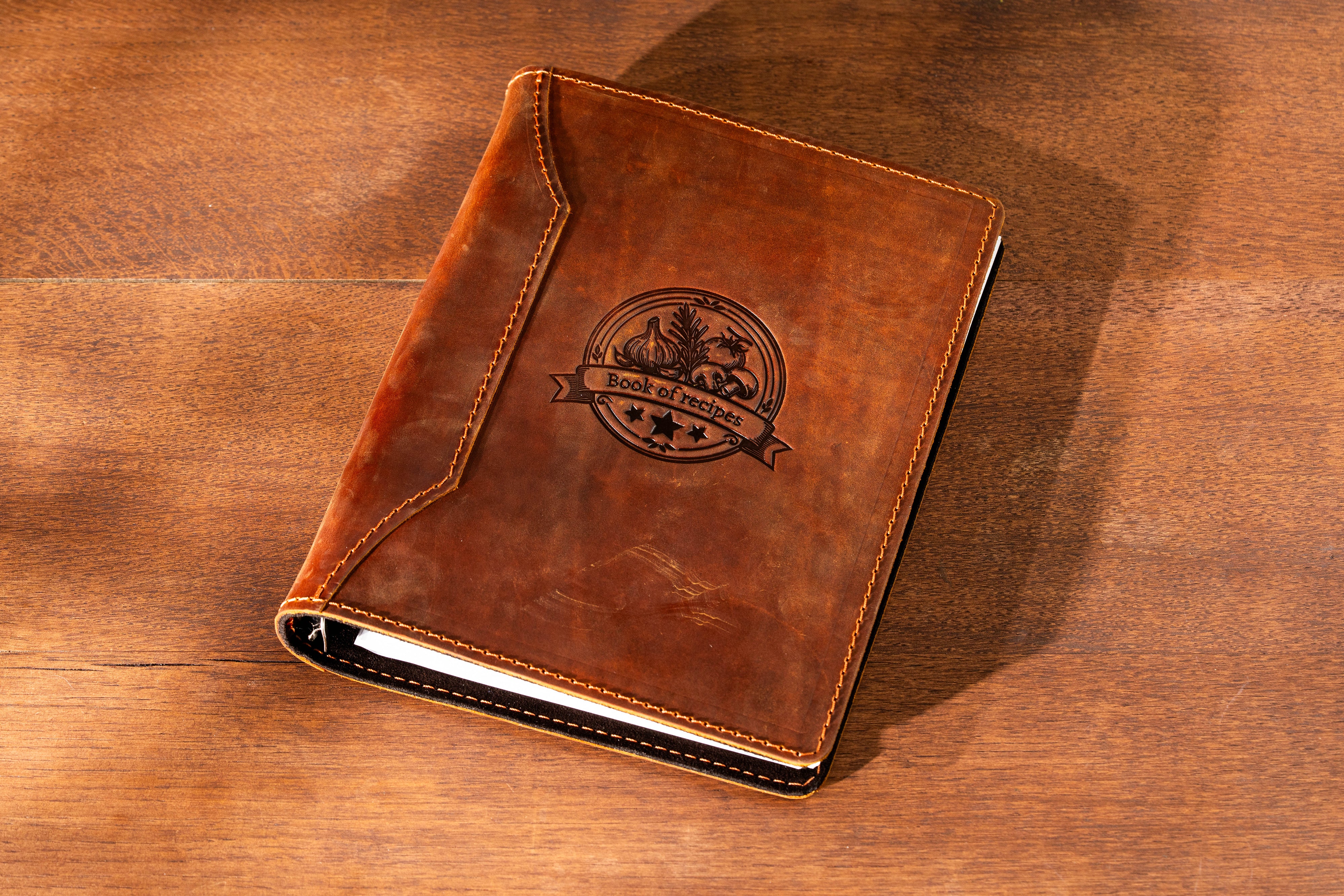 Personalized Leather Recipe Binder in Chestnut, Green, Chocolate Brown and Copper