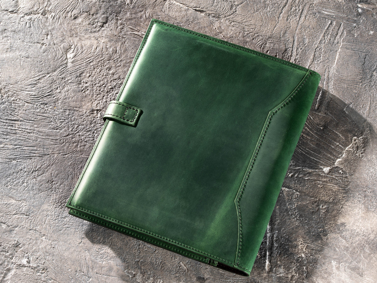 Back view of Green leather professional portfolio with stitched edges and Crazy Horse finish