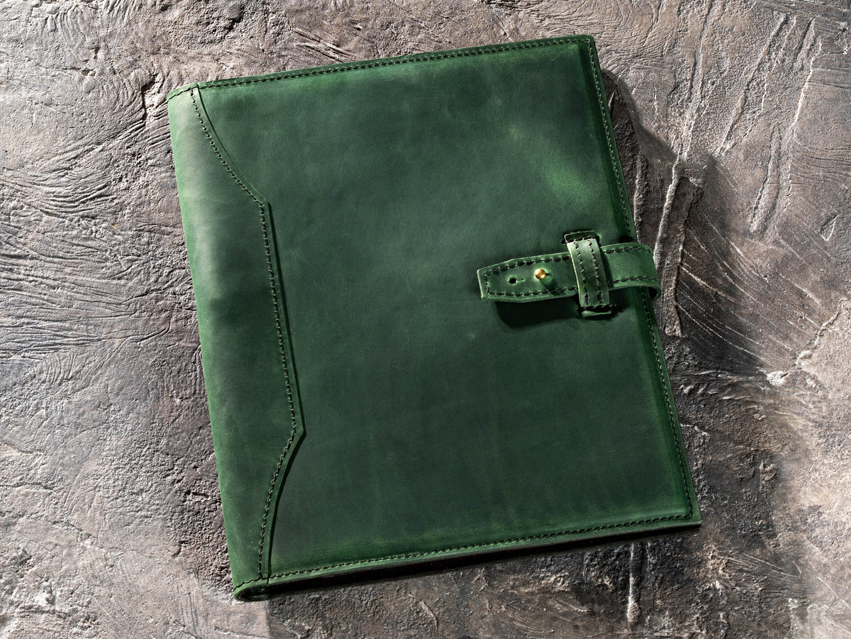 Green personalized Crazy Horse leather portfolio and padfolio with strap closure