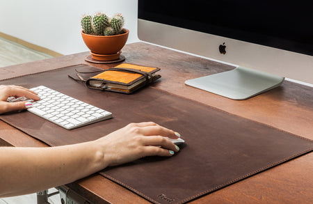 Brown Vintage Leather Desk Pad with Handmade Decorative Stitching in Brown Thread
