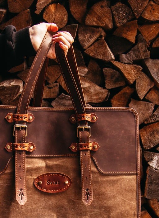 Mureli handmade leather and waxed canvas log tote with double handles – fireplace wood carrier