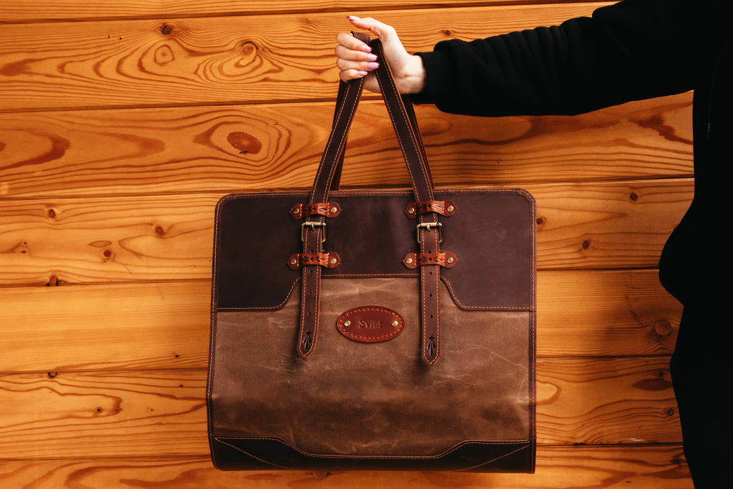 Leather firewood carrier tote with bear design tag and personalization option – rustic log bag for fireplace and camping | by Mureli