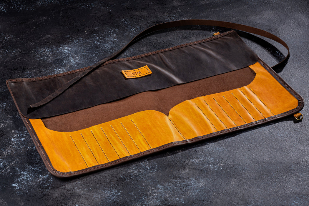 Personalized Leather Artist Brush Roll – Cognac Tan | Mureli Atelier Series