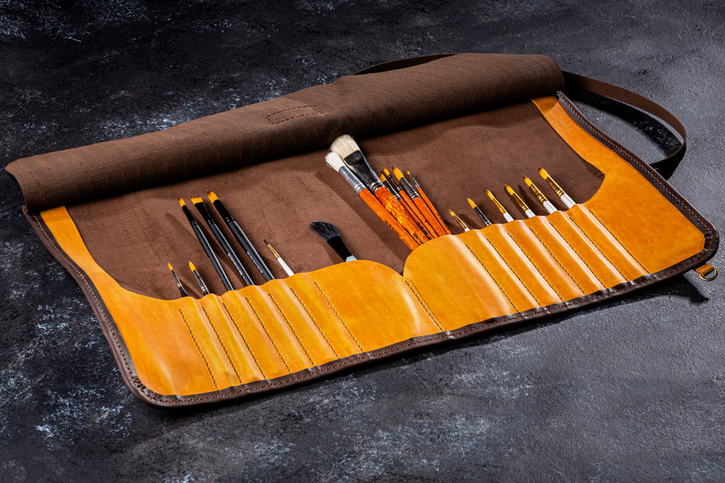 Personalized Leather Artist Brush Roll – Cognac Tan | Mureli Atelier Series
