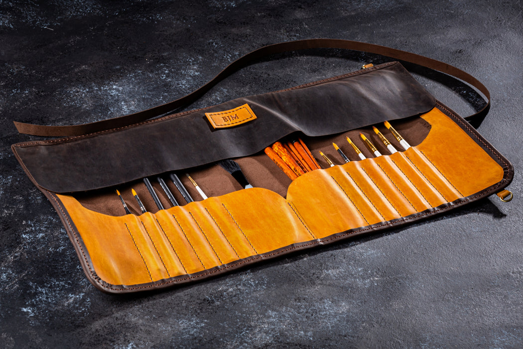 Personalized leather artist roll in Cognac Tan with brushes organized inside