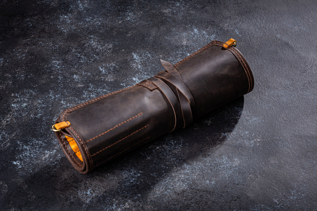 Handmade Cognac leather roll-up case for artist brushes and pencils