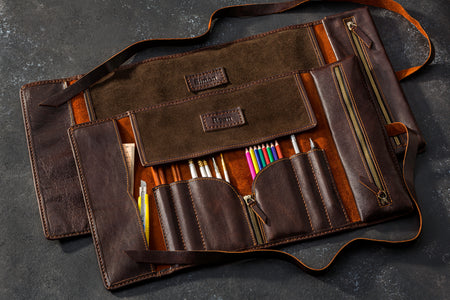 Dark Brown leather tool roll with tools and pencils
