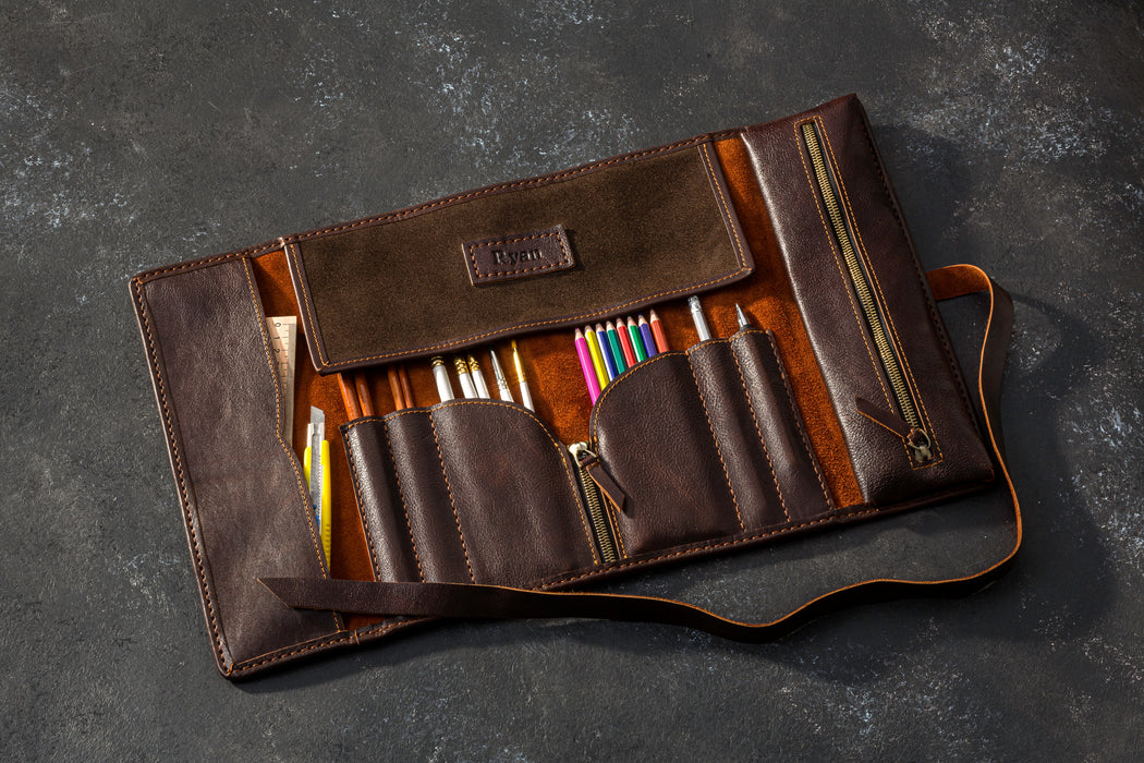 Dark Brown leather pencil case with colorful pencils standard size