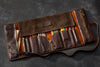 Dark Brown leather roll-up case with art supplies large size