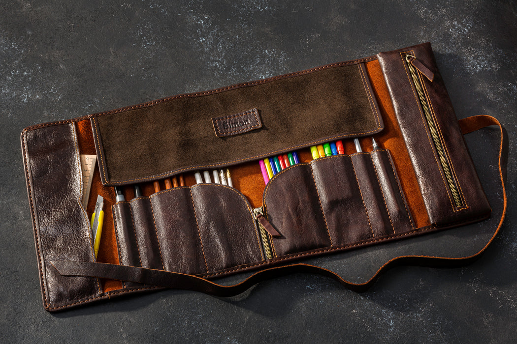 Dark Brown leather roll-up case with art supplies large size