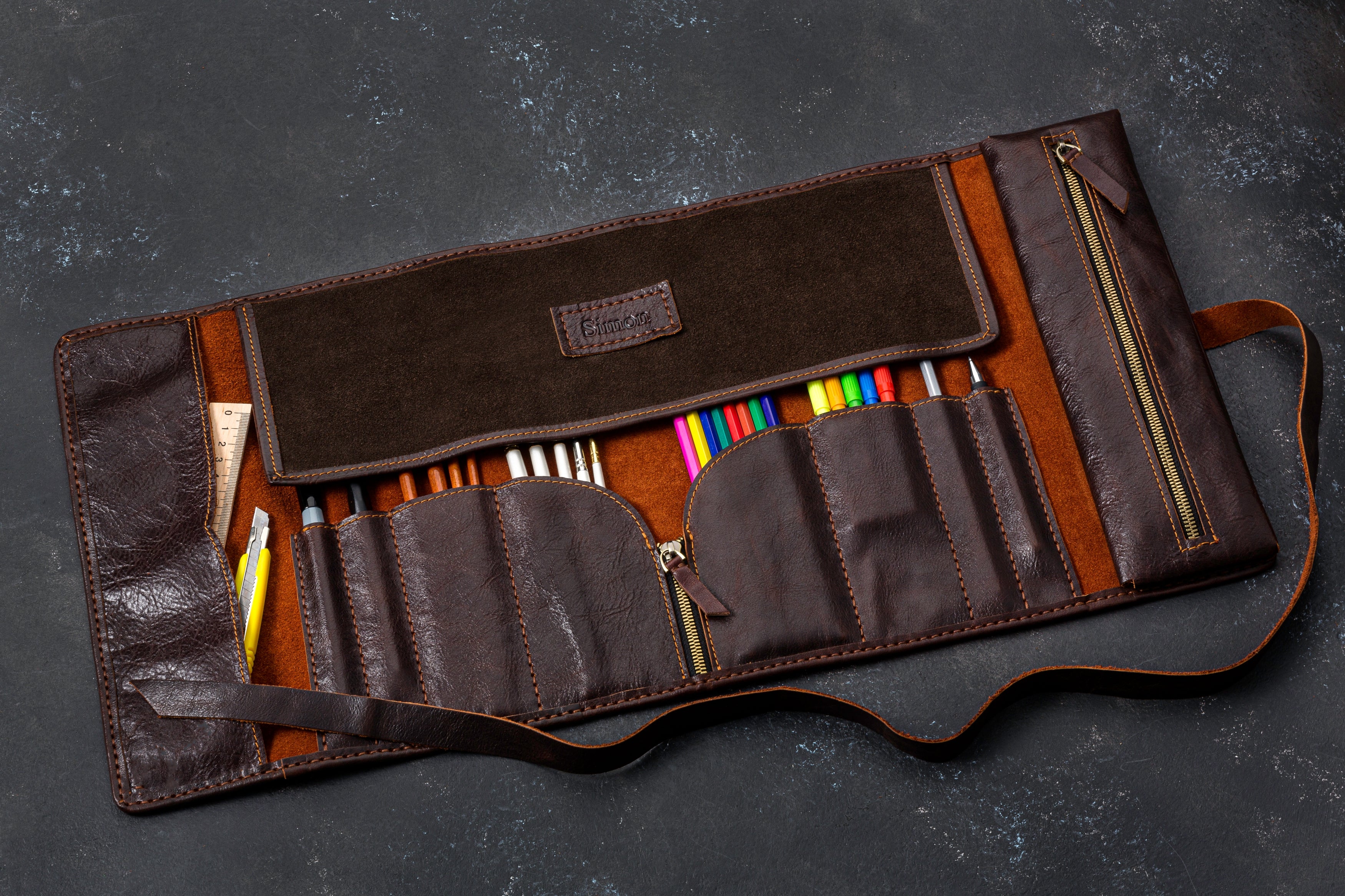 Dark Chocolate Leather Pencil & Brush Roll — Elegant Organizer for Sketching & Drawing | Artista Collection