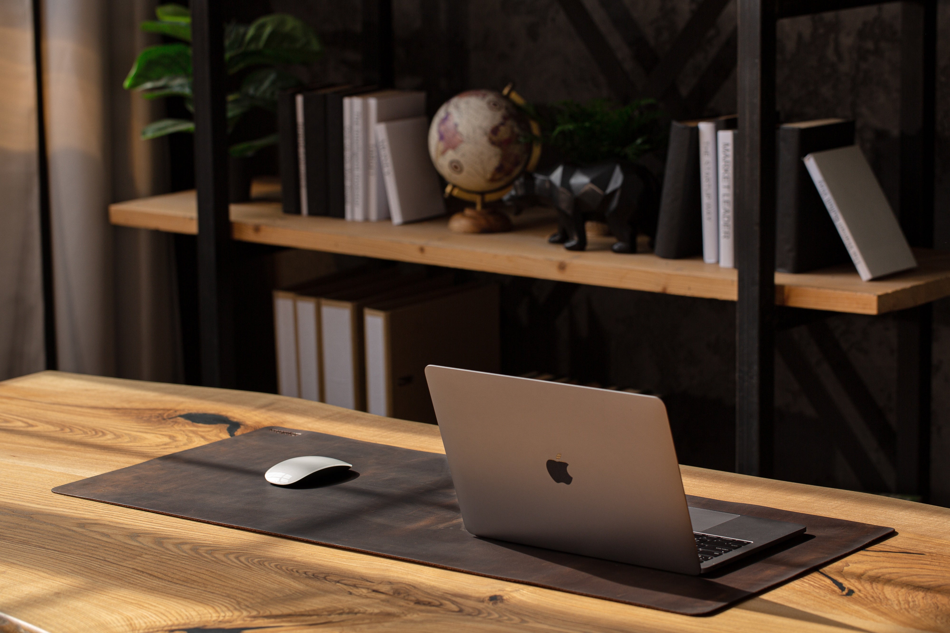 Dark brown leather desk mat on desk, Mureli