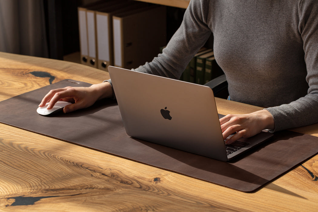 Dark brown Leather Desk Pad women hands