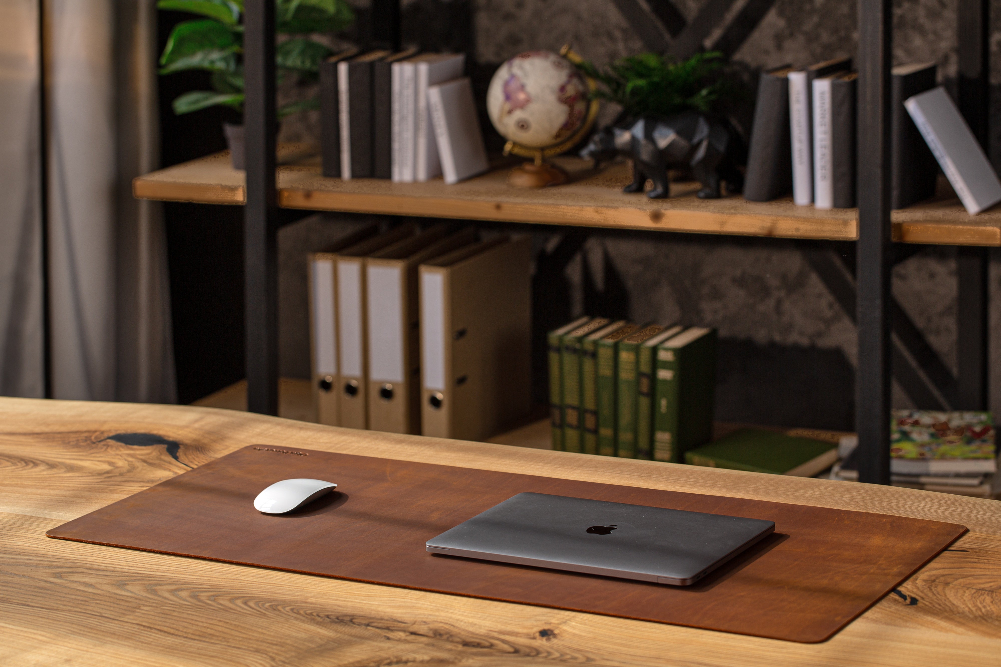 Copper Leather desk mat edge detail, handmade