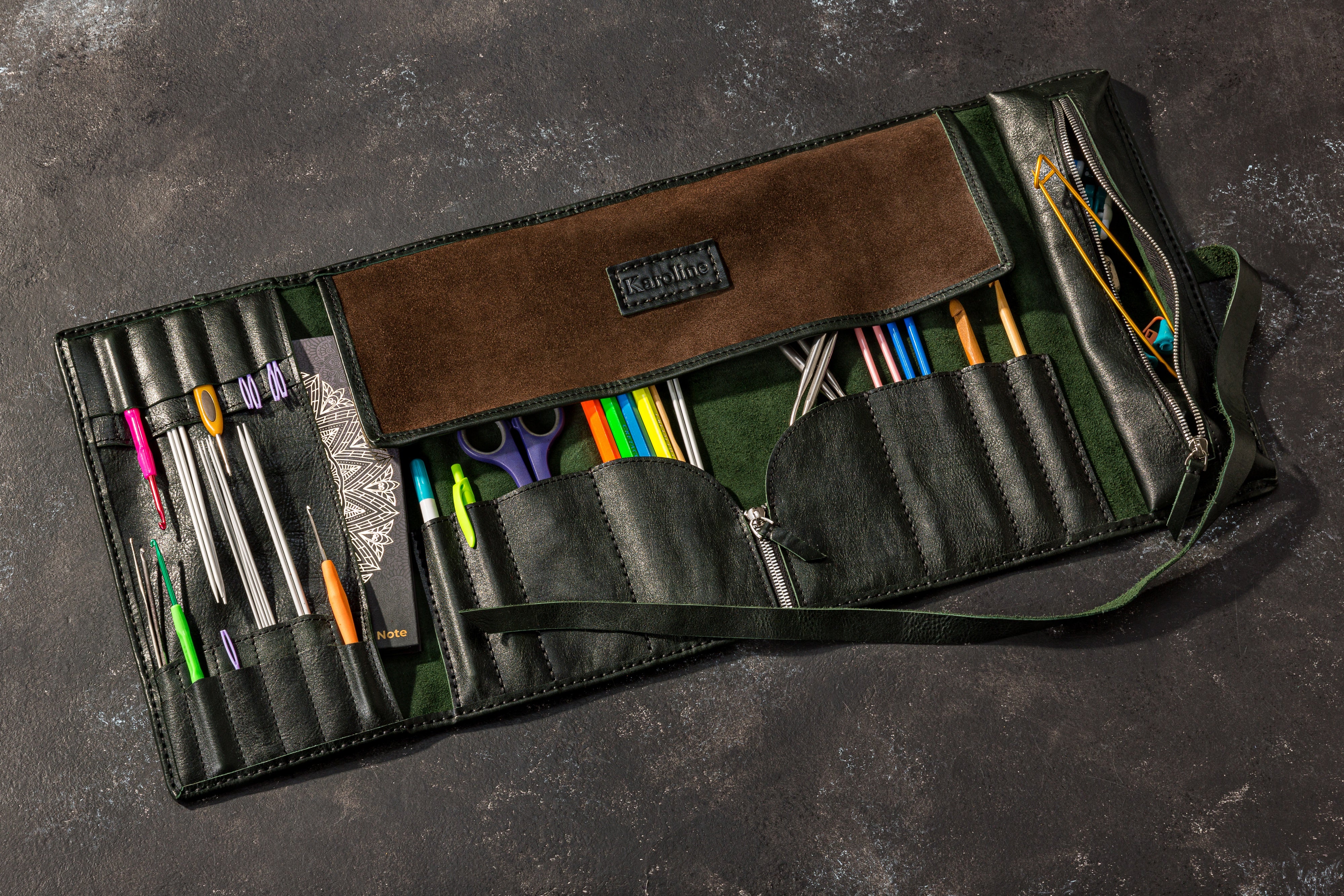 Forest Green Leather Knitting Roll — Inspired by Nature, Made to Last