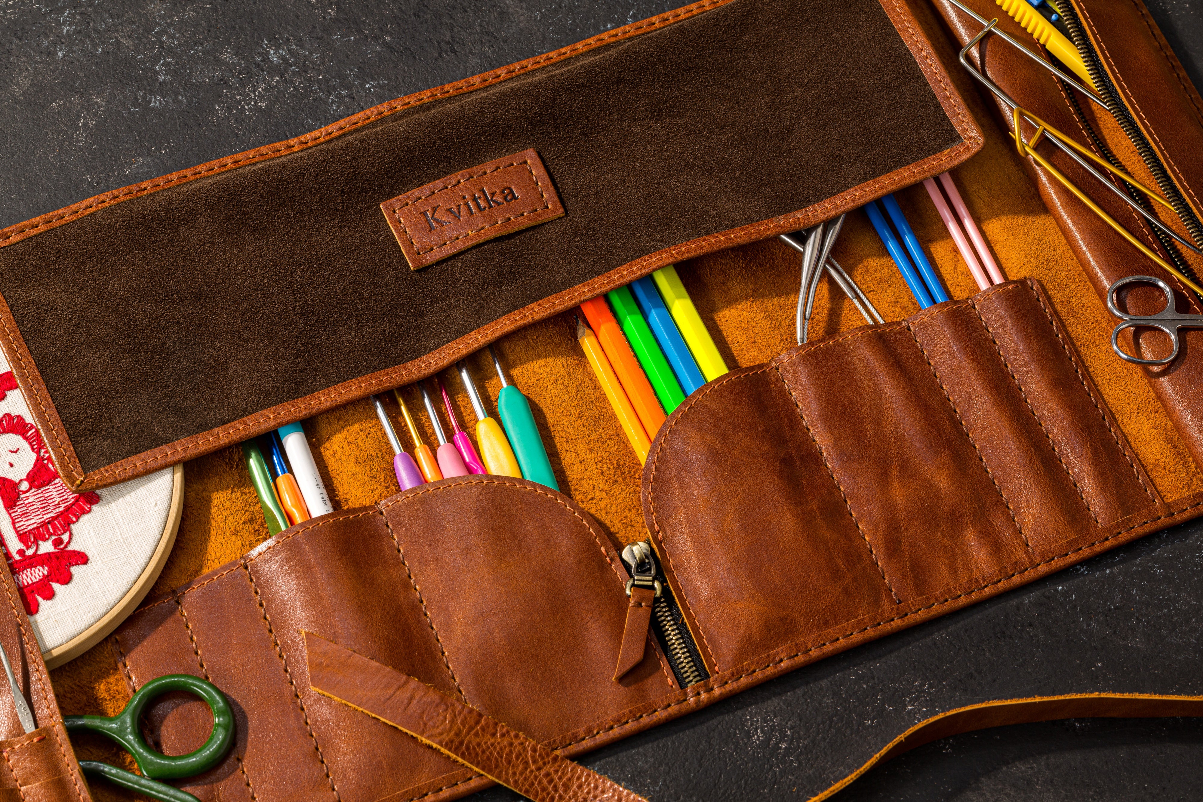 Premium Leather Roll for Knitting Essentials — Compact, Elegant, Handy