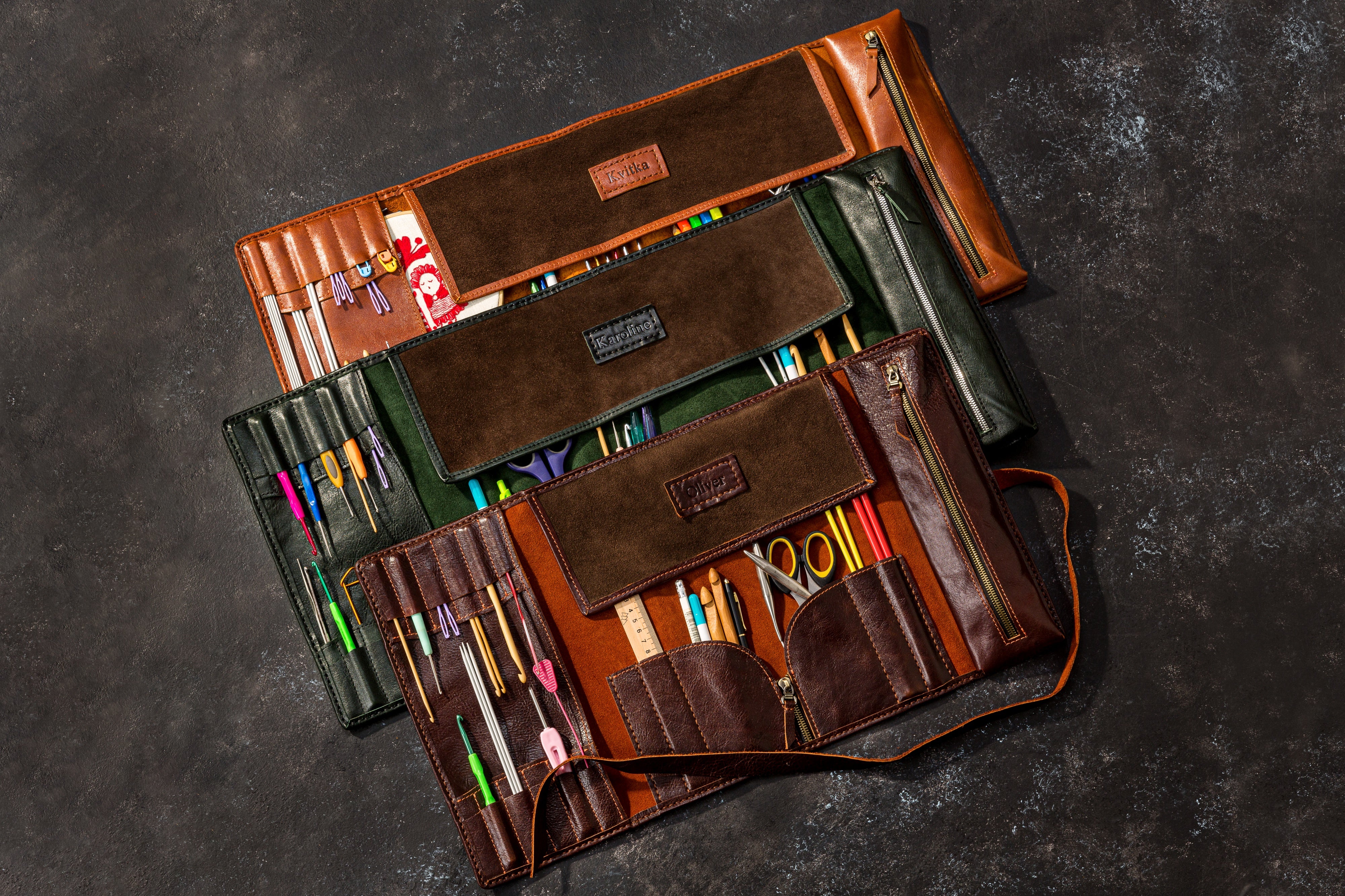 Light Brown Leather Organizer for Knitting Needles & Crochet Hooks