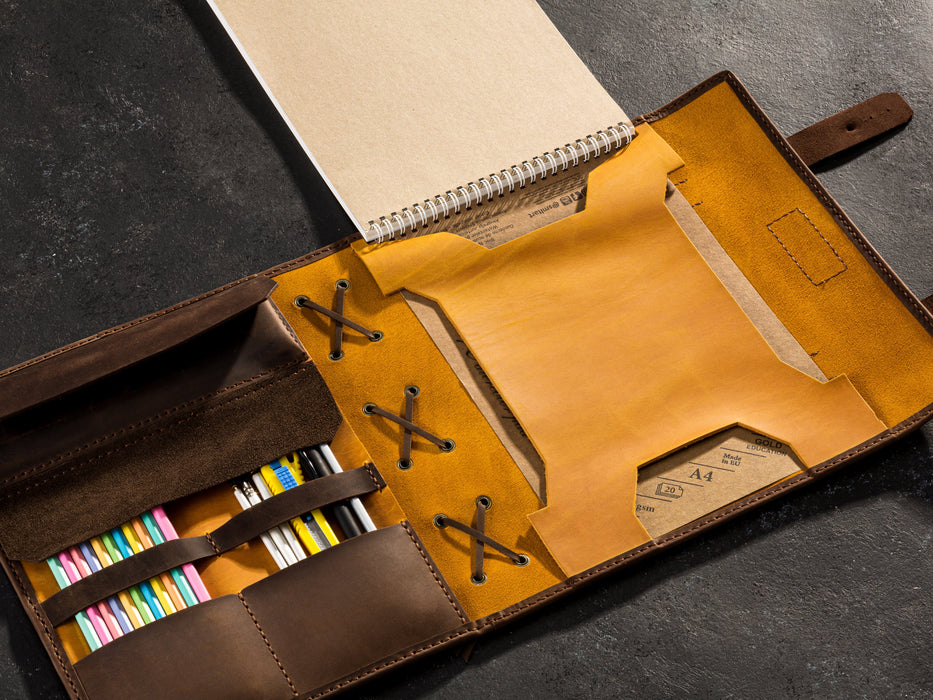 Custom Leather Sketchbook Holder | Large Journal and Sketchbook Organizer