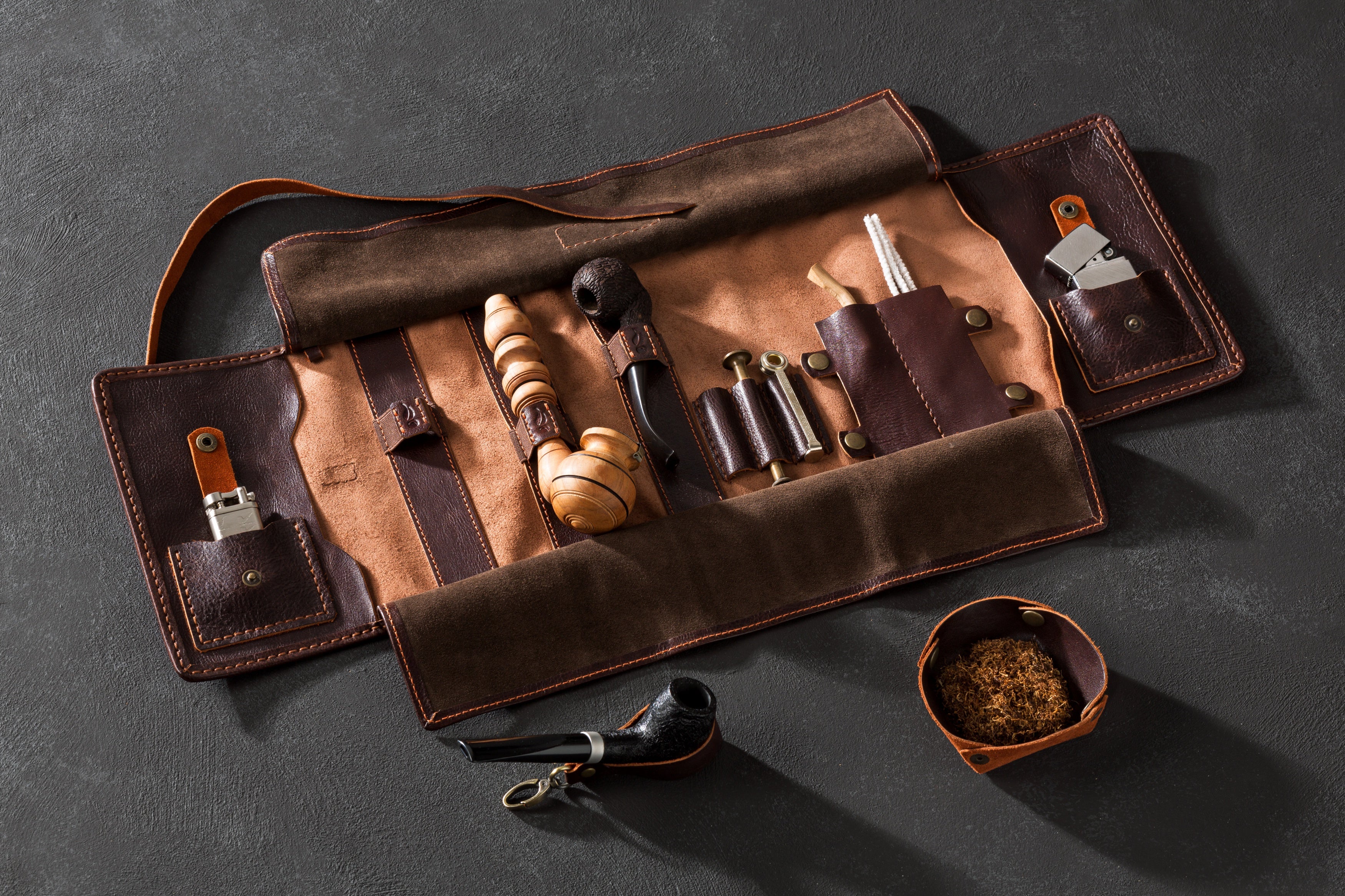 Personalized Leather Pipe Roll Up “New Breath” | Original Pipe Roll for Tobacco Pipe Smokers | Dark brown