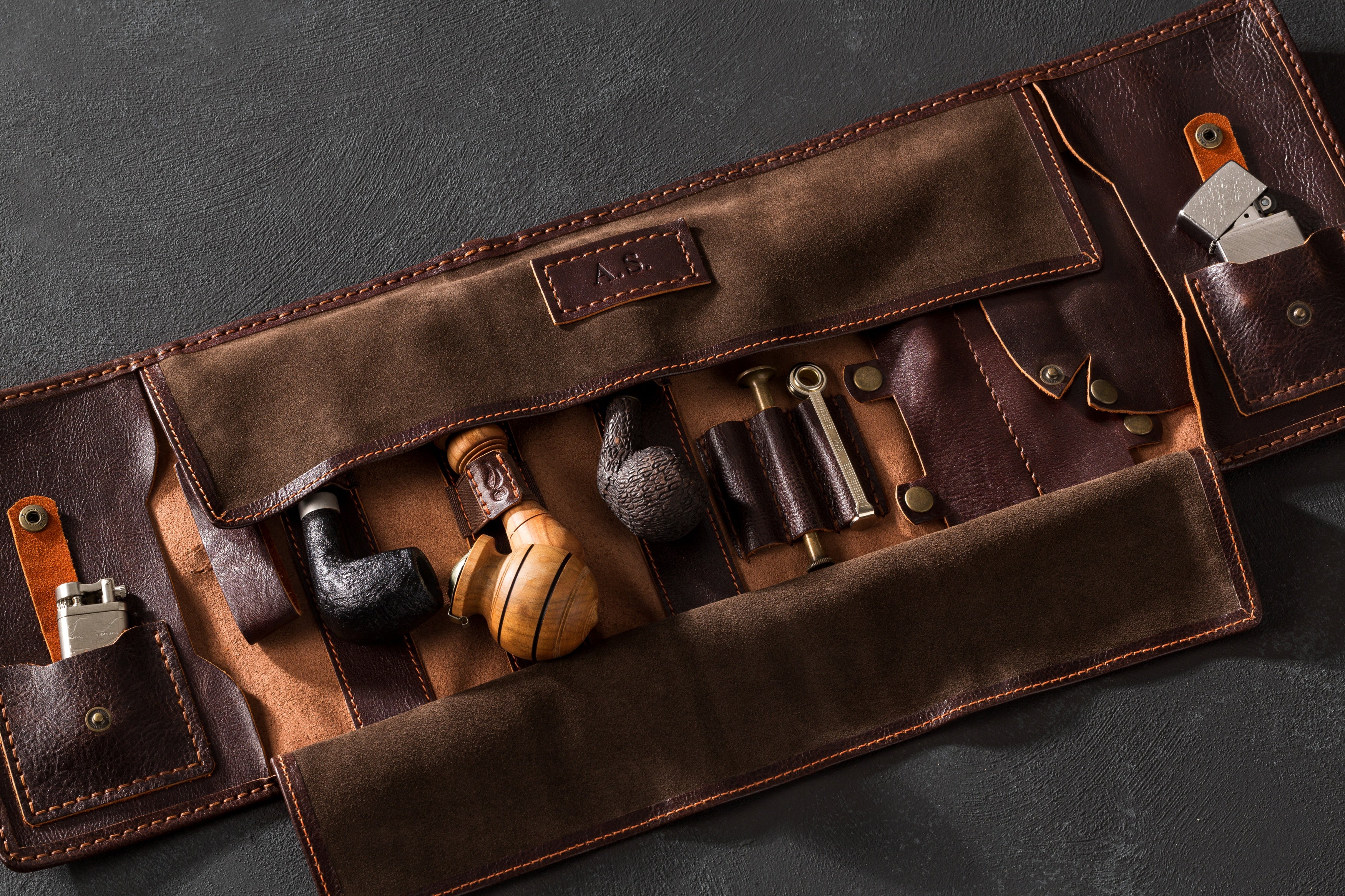 Personalized Leather Pipe Roll Up “New Breath” | Original Pipe Roll for Tobacco Pipe Smokers | Dark brown